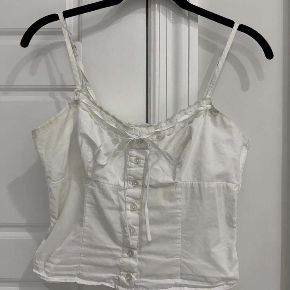 A. Hearts White Lace Trim Button Front Corset Cami Top